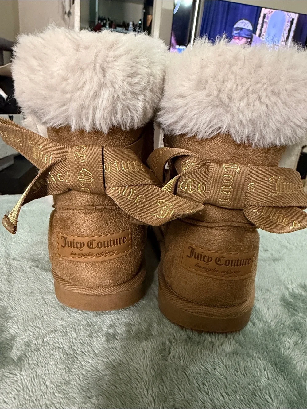 Juicy Couture Girls' Tan Boots with Cream Faux-Shearling Cuff and Branded Ribbon